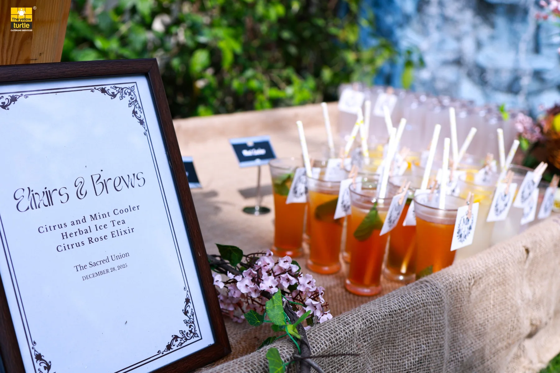 Welcome drinks and beverage station at a Yellow Turtle catered event